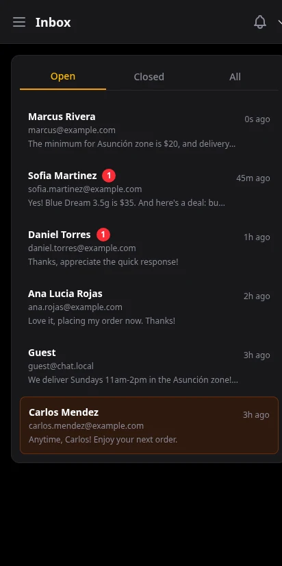 DabDash vendor inbox conversation thread showing professional order issue resolution between agent and customer — mobile view