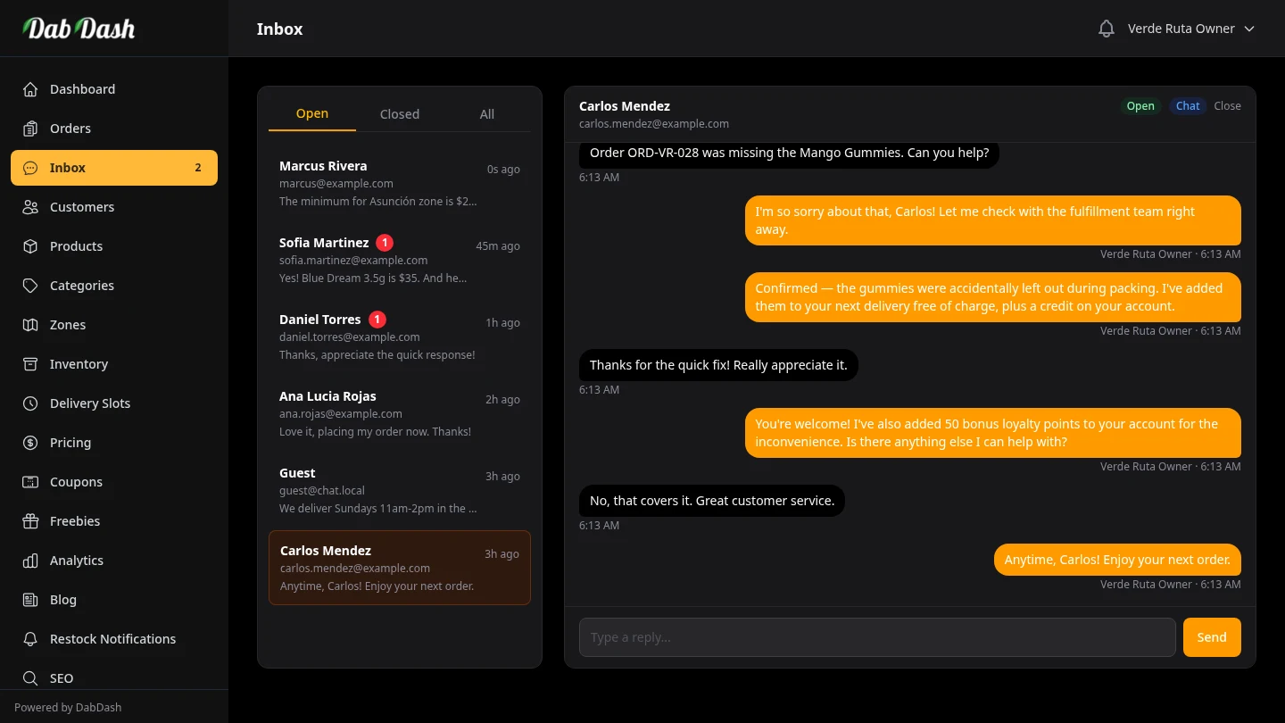 DabDash vendor inbox conversation thread showing professional order issue resolution between agent and customer
