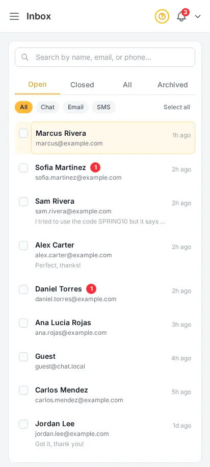DabDash inbox showing customer conversations with unread badges and open chat threads — mobile view