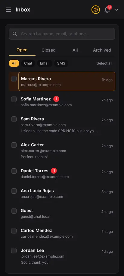 DabDash inbox showing customer conversations with unread badges and open chat threads — mobile view