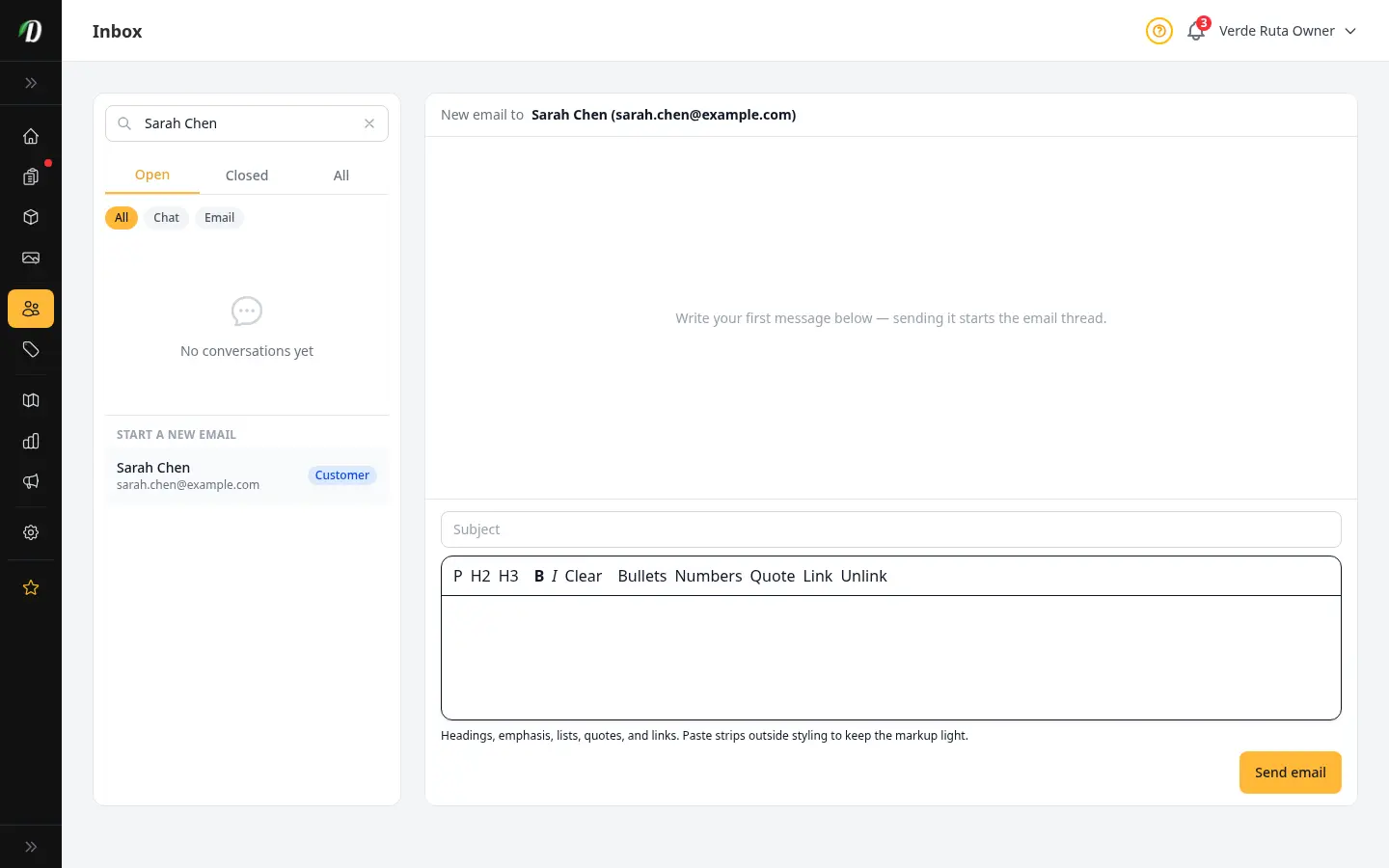 DabDash inbox composing a new email to a customer, with recipient, subject field and rich text editor ready to send the first message