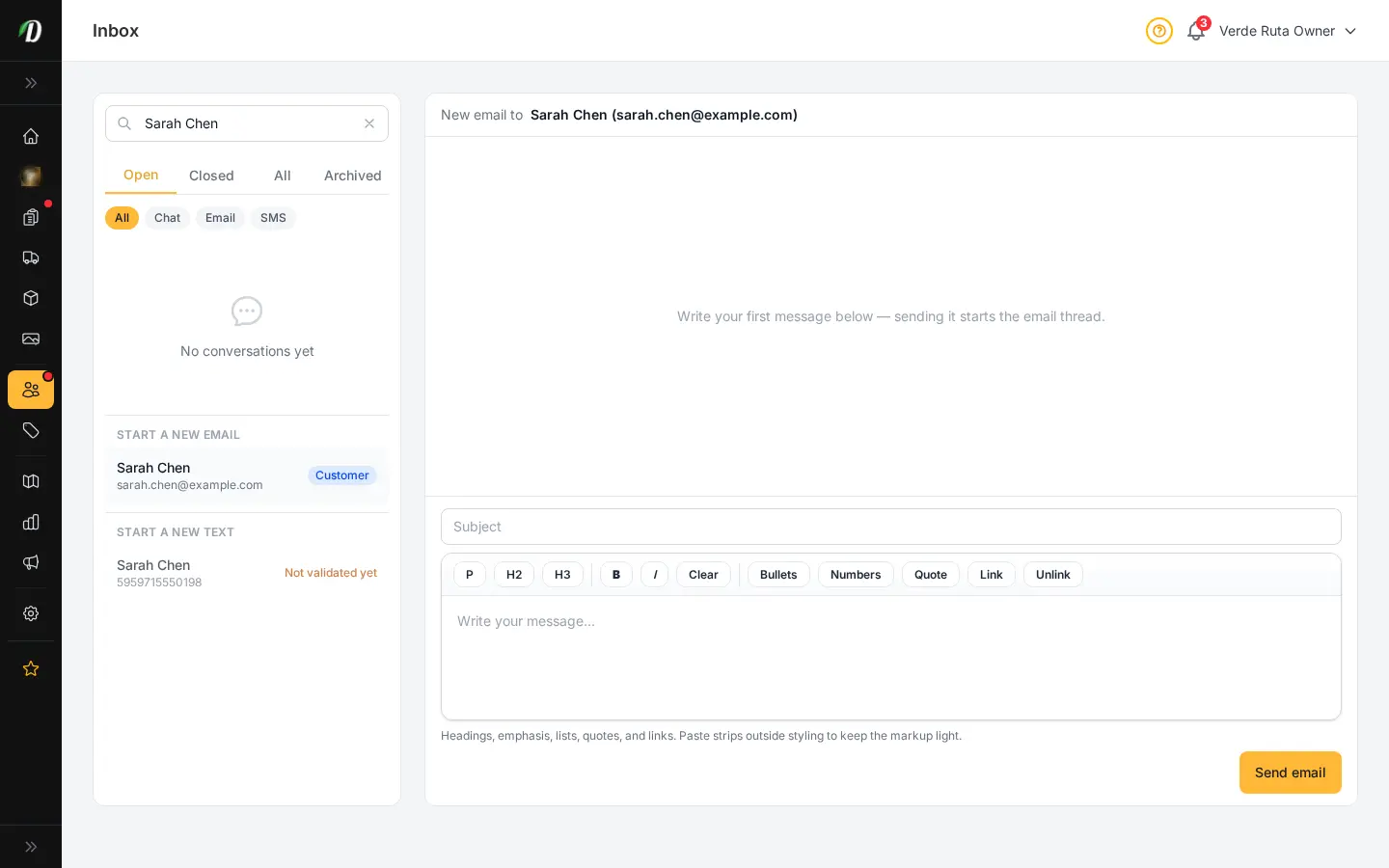 DabDash inbox composing a new email to a customer, with recipient, subject field and rich text editor ready to send the first message