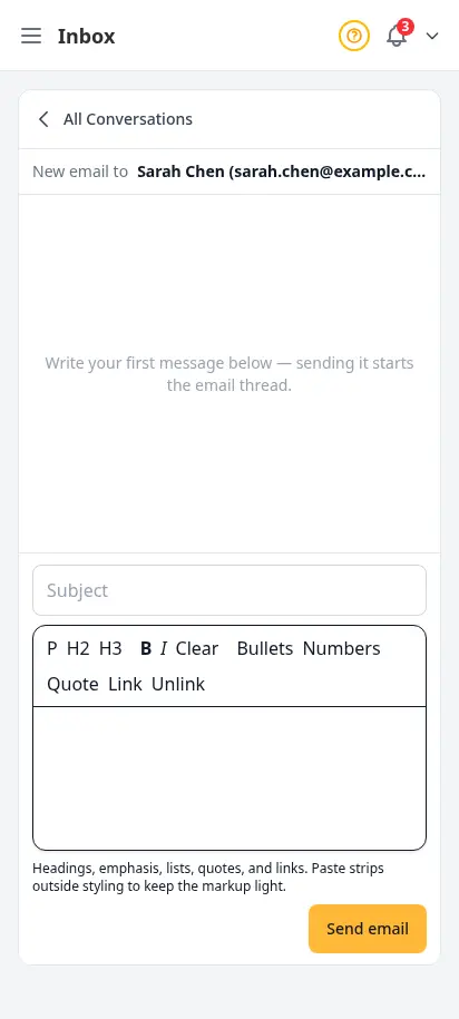 DabDash inbox composing a new email to a customer, with recipient, subject field and rich text editor ready to send the first message — mobile view