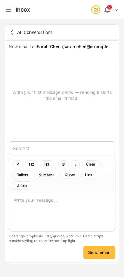 DabDash inbox composing a new email to a customer, with recipient, subject field and rich text editor ready to send the first message — mobile view