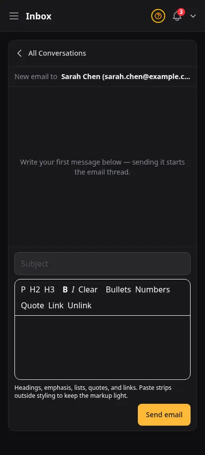 DabDash inbox composing a new email to a customer, with recipient, subject field and rich text editor ready to send the first message — mobile view