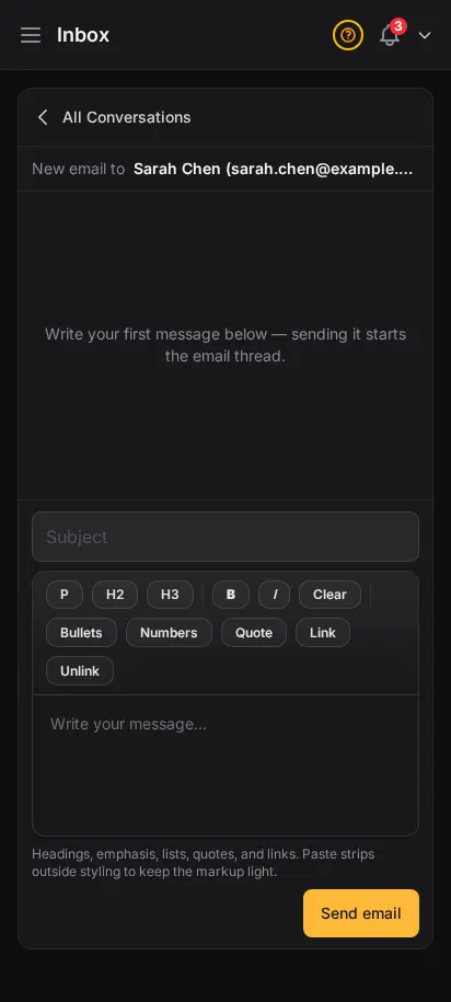 DabDash inbox composing a new email to a customer, with recipient, subject field and rich text editor ready to send the first message — mobile view
