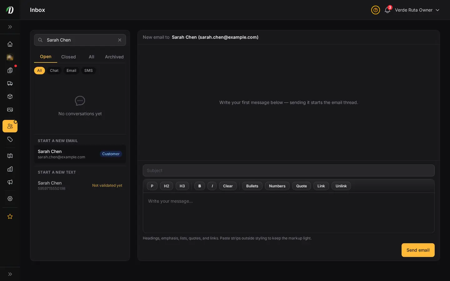 DabDash inbox composing a new email to a customer, with recipient, subject field and rich text editor ready to send the first message