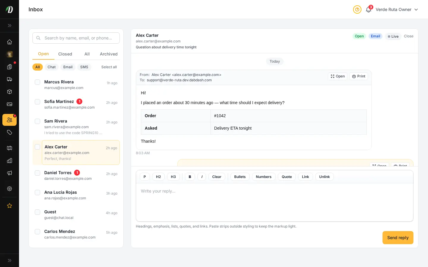 DabDash inbox email thread with Open and Print beside the From and To header, and a sandboxed HTML email preview below