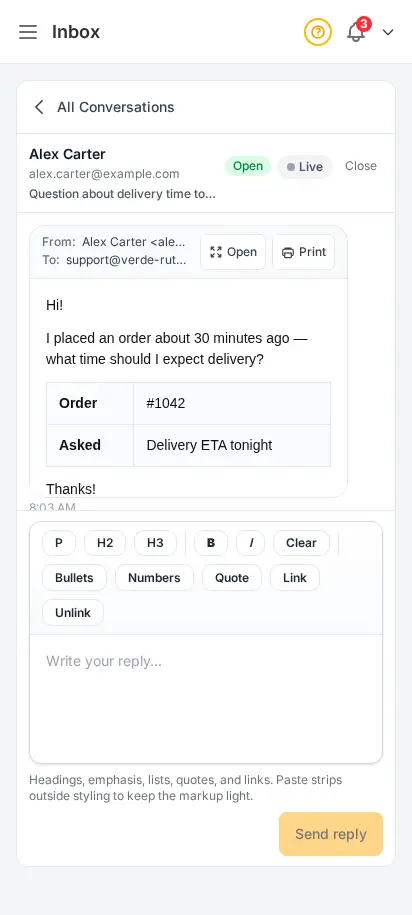 DabDash inbox email thread with Open and Print beside the From and To header, and a sandboxed HTML email preview below — mobile view