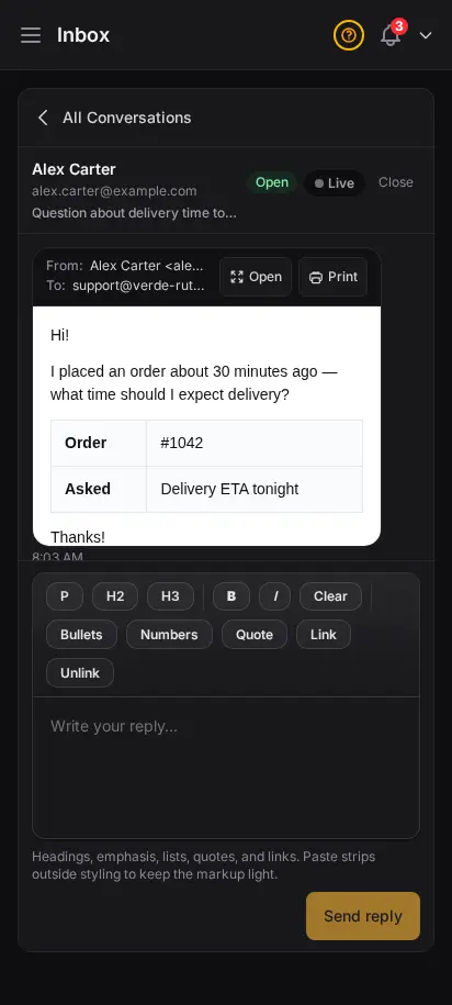 DabDash inbox email thread with Open and Print beside the From and To header, and a sandboxed HTML email preview below — mobile view