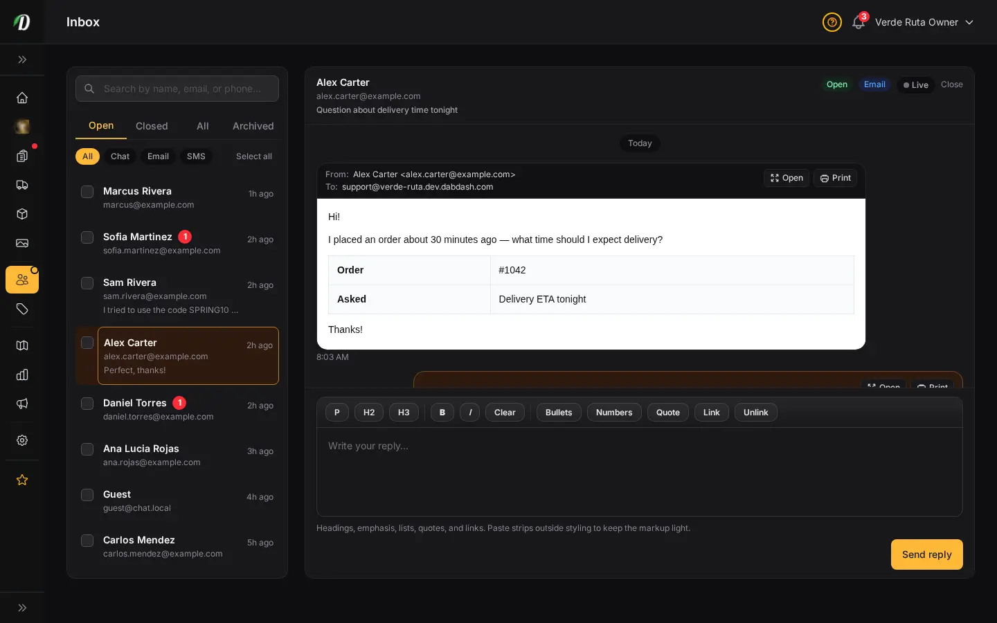 DabDash inbox email thread with Open and Print beside the From and To header, and a sandboxed HTML email preview below