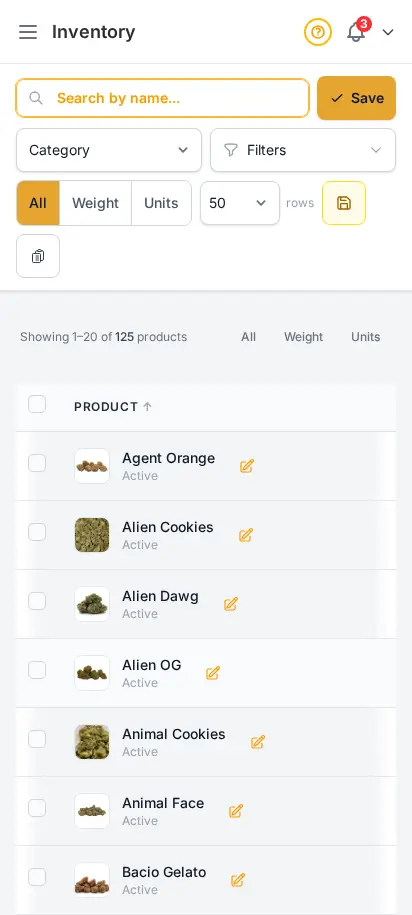 DabDash inventory page showing rich stock levels, unit counts, and low stock signals — mobile view