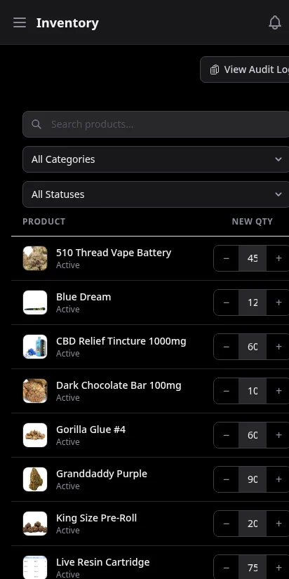 DabDash inventory manager showing zone-specific stock levels per product — mobile view