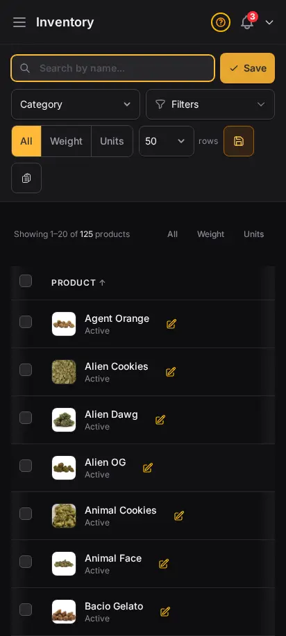 DabDash inventory page showing rich stock levels, unit counts, and low stock signals — mobile view
