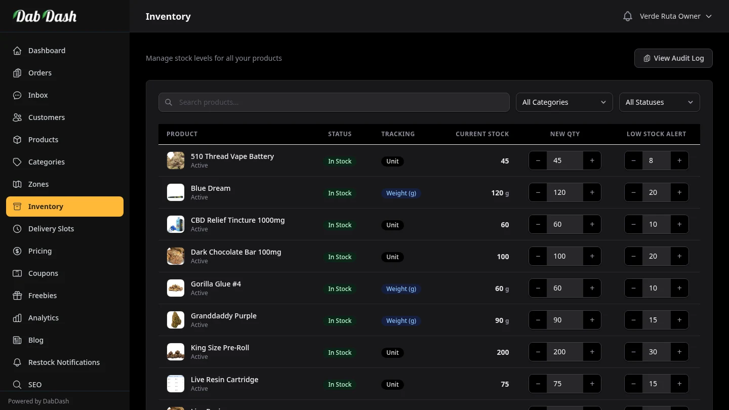 DabDash inventory manager showing zone-specific stock levels per product