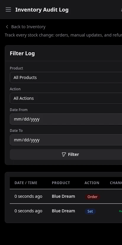 DabDash inventory audit log showing all stock changes with timestamps — mobile view