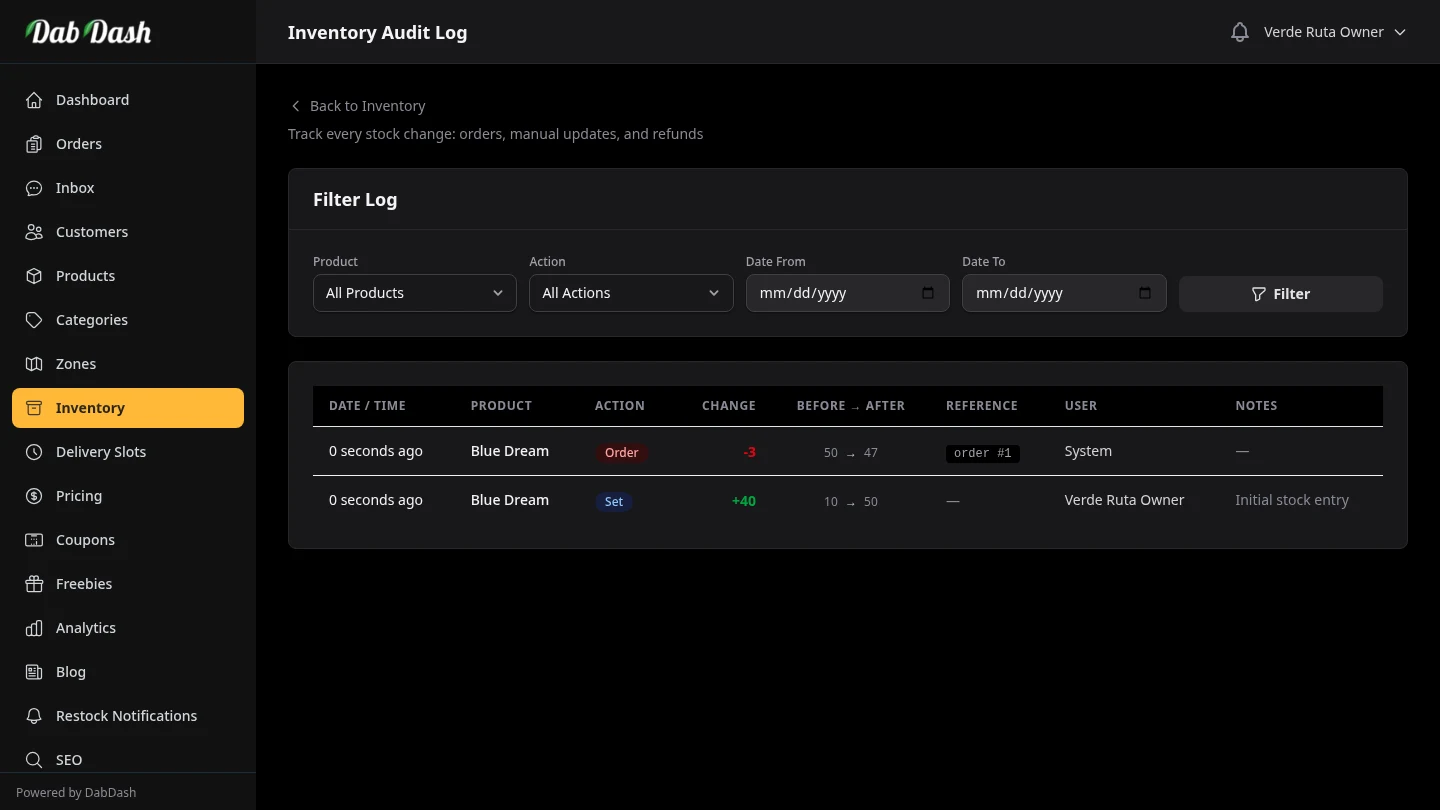 DabDash inventory audit log showing all stock changes with timestamps
