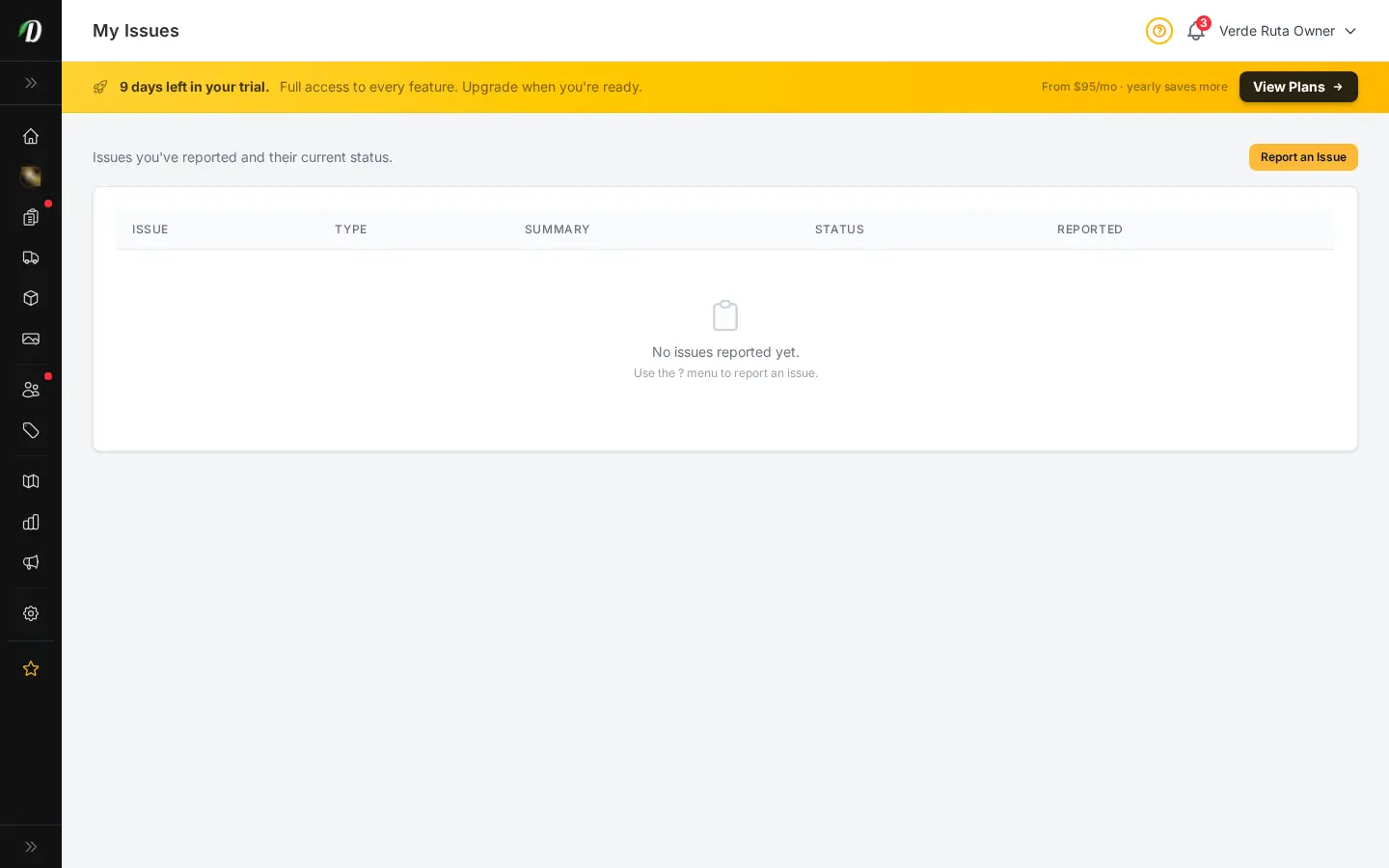 DabDash my issues page showing reported tickets with type, summary, status, and submitted date