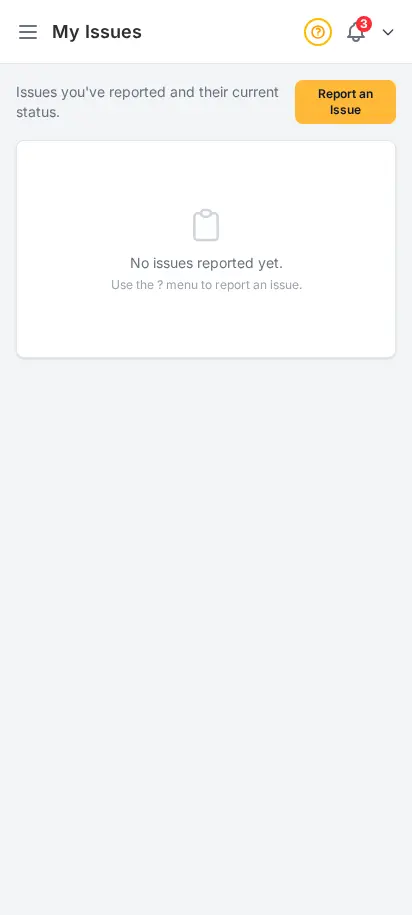 DabDash my issues page showing reported tickets with type, summary, status, and submitted date