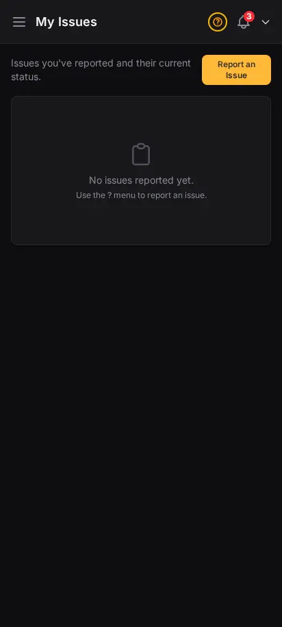DabDash my issues page showing reported tickets with type, summary, status, and submitted date