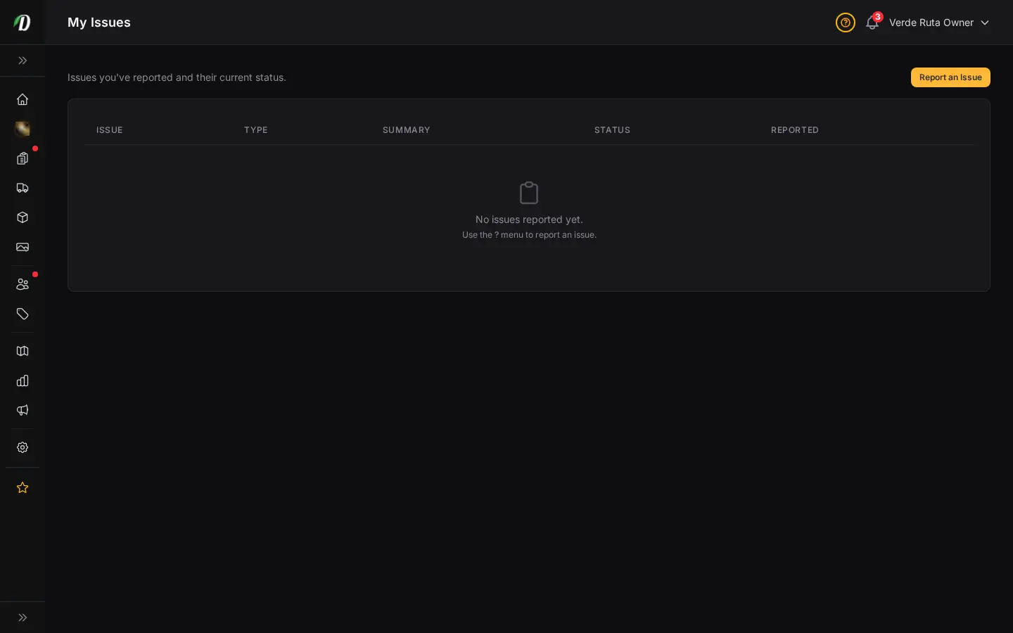 DabDash my issues page showing reported tickets with type, summary, status, and submitted date