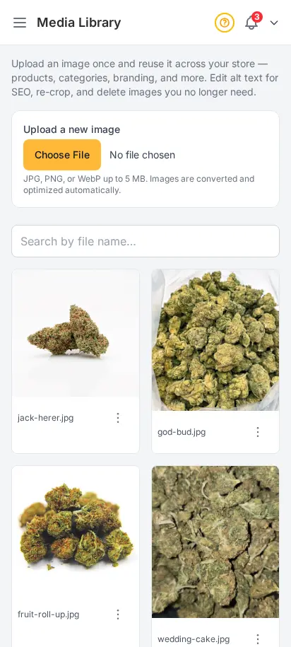 DabDash Media Library showing a grid of reusable store images with upload, search, and per-image edit, re-crop, download, and delete actions