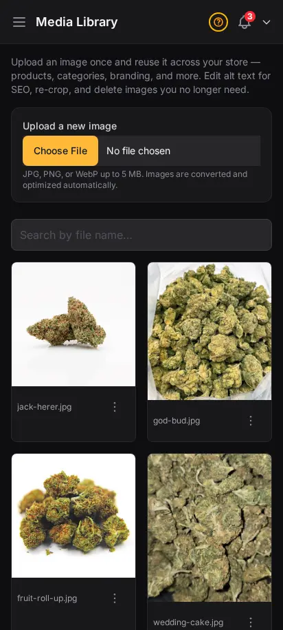 DabDash Media Library showing a grid of reusable store images with upload, search, and per-image edit, re-crop, download, and delete actions