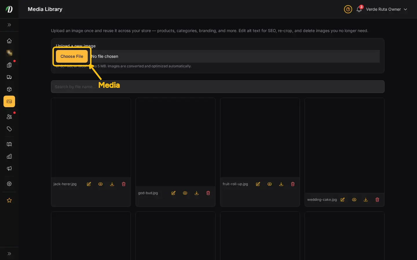 DabDash Media Library showing a grid of reusable store images with upload, search, and per-image edit, re-crop, download, and delete actions