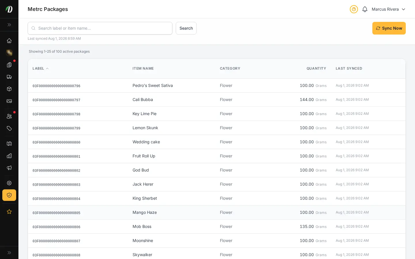 DabDash Metrc inventory page showing state package totals, tag numbers, and quantities synced from the Metrc API