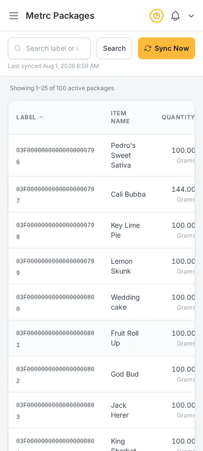 DabDash Metrc inventory page showing state package totals, tag numbers, and quantities synced from the Metrc API — mobile view