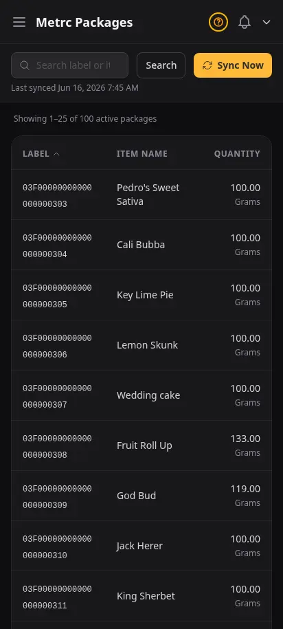 DabDash Metrc inventory page showing state package totals, tag numbers, and quantities synced from the Metrc API — mobile view