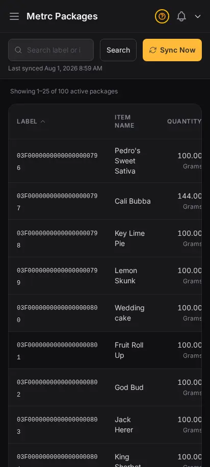DabDash Metrc inventory page showing state package totals, tag numbers, and quantities synced from the Metrc API — mobile view