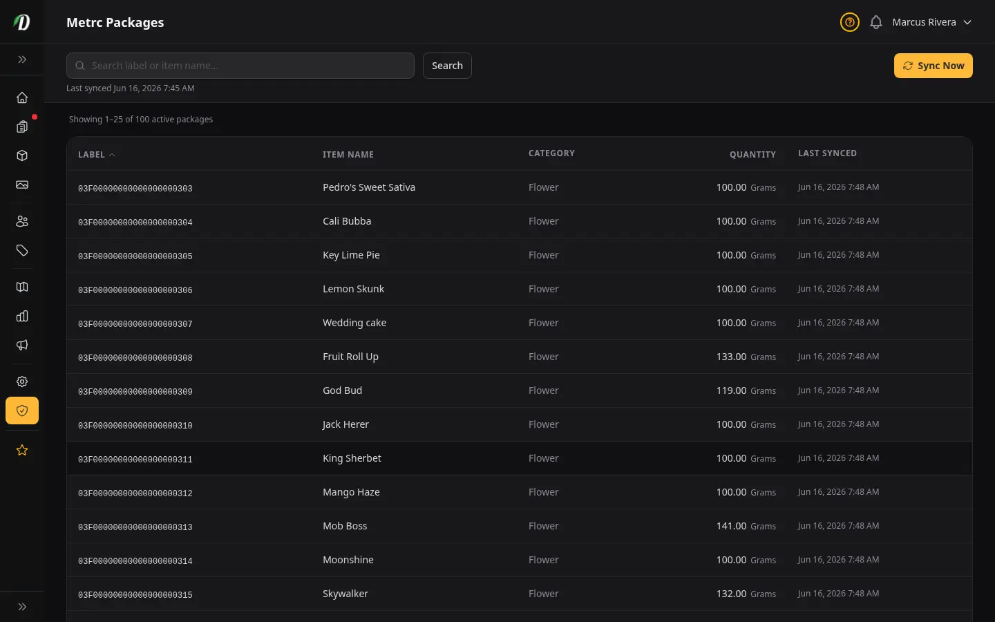 DabDash Metrc inventory page showing state package totals, tag numbers, and quantities synced from the Metrc API
