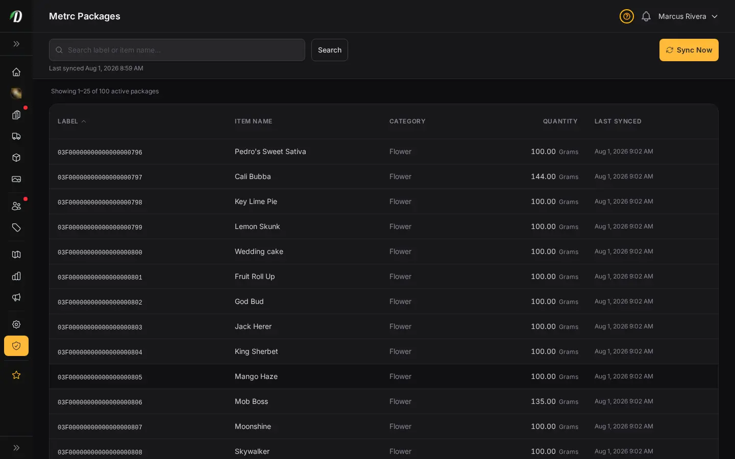 DabDash Metrc inventory page showing state package totals, tag numbers, and quantities synced from the Metrc API