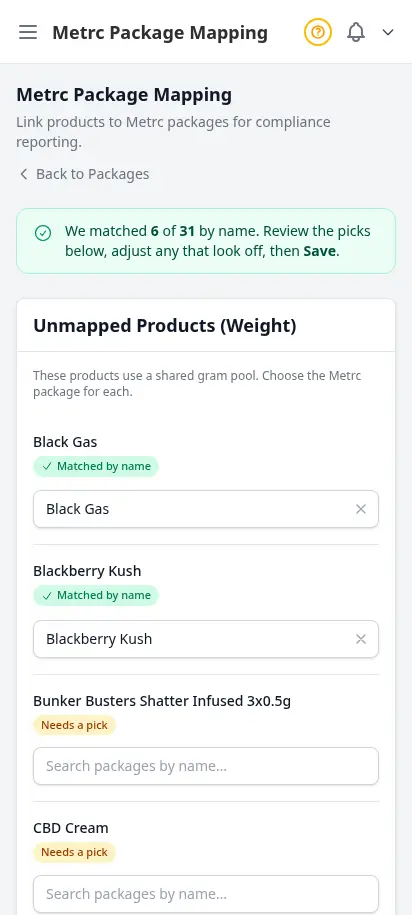 DabDash Metrc mapping page showing state packages linked to DabDash products with quantities and unit conversions — mobile view