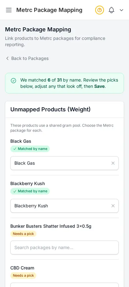 DabDash Metrc mapping page showing state packages linked to DabDash products with quantities and unit conversions — mobile view