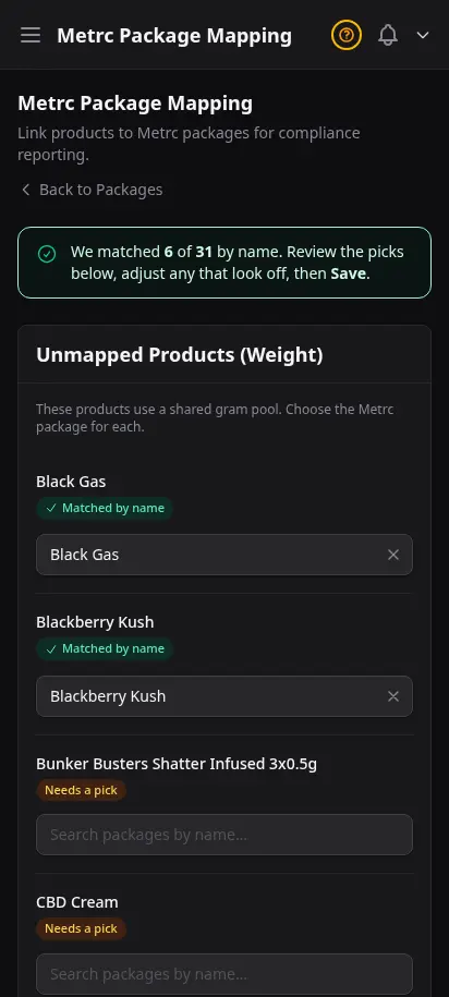 DabDash Metrc mapping page showing state packages linked to DabDash products with quantities and unit conversions — mobile view