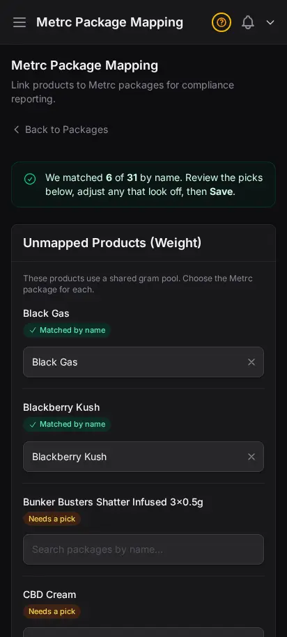 DabDash Metrc mapping page showing state packages linked to DabDash products with quantities and unit conversions — mobile view