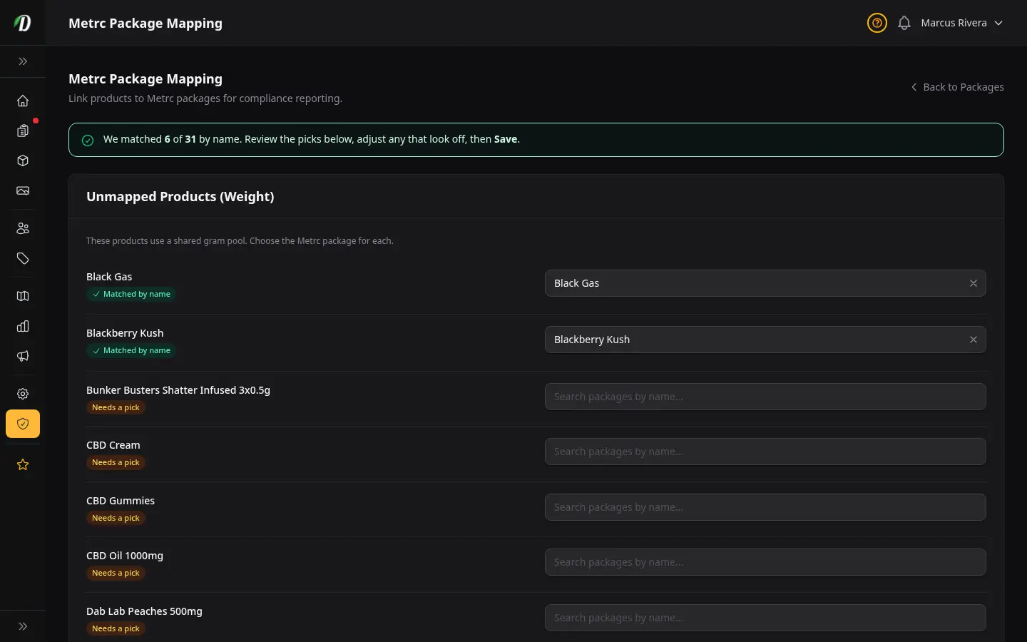 DabDash Metrc mapping page showing state packages linked to DabDash products with quantities and unit conversions
