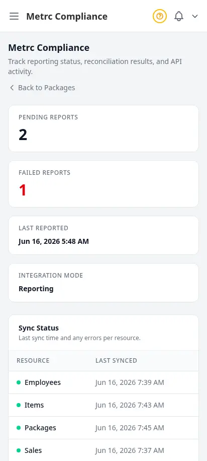 DabDash Metrc compliance page showing sync status, reconciliation runs, and recent API activity for state audits — mobile view