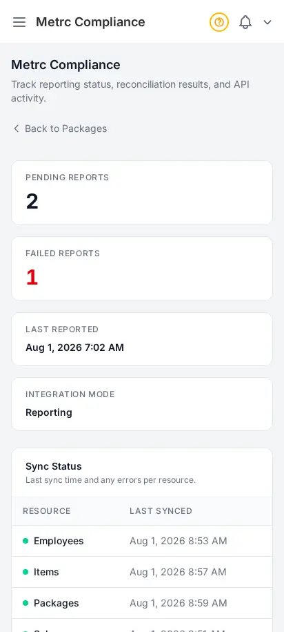 DabDash Metrc compliance page showing sync status, reconciliation runs, and recent API activity for state audits — mobile view