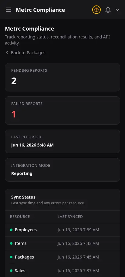 DabDash Metrc compliance page showing sync status, reconciliation runs, and recent API activity for state audits — mobile view