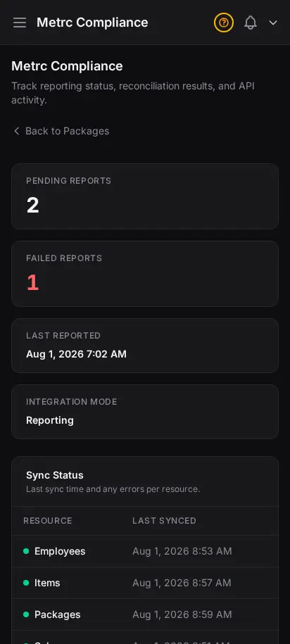 DabDash Metrc compliance page showing sync status, reconciliation runs, and recent API activity for state audits — mobile view