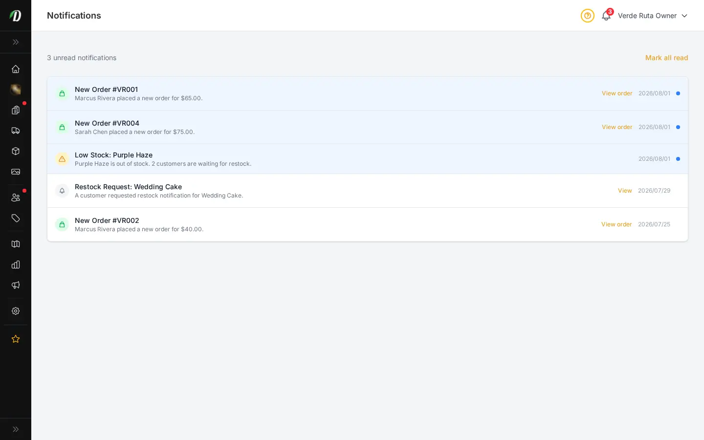DabDash notification feed showing unread order alerts, stock alerts, and timestamps