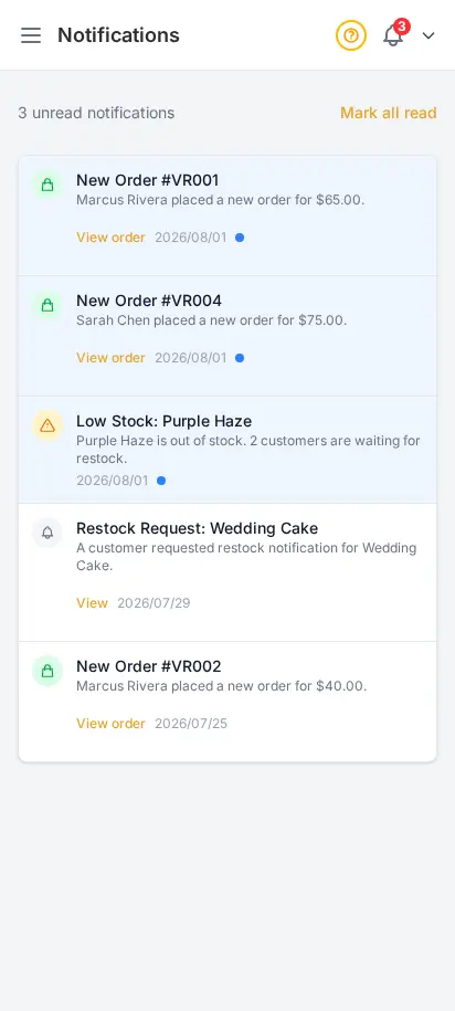 DabDash notification feed showing unread order alerts, stock alerts, and timestamps