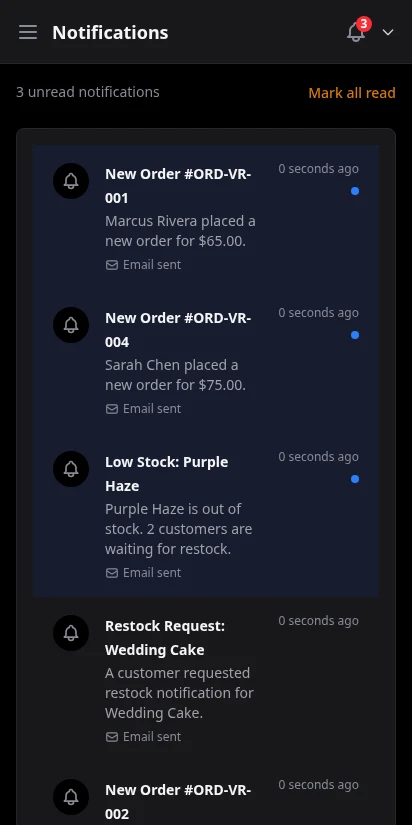 DabDash vendor notification feed showing new order alerts with timestamps and mark-all-as-read action