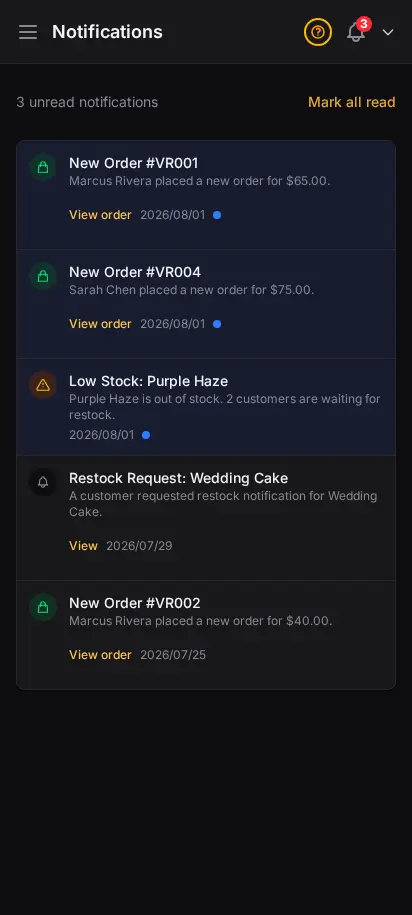 DabDash notification feed showing unread order alerts, stock alerts, and timestamps
