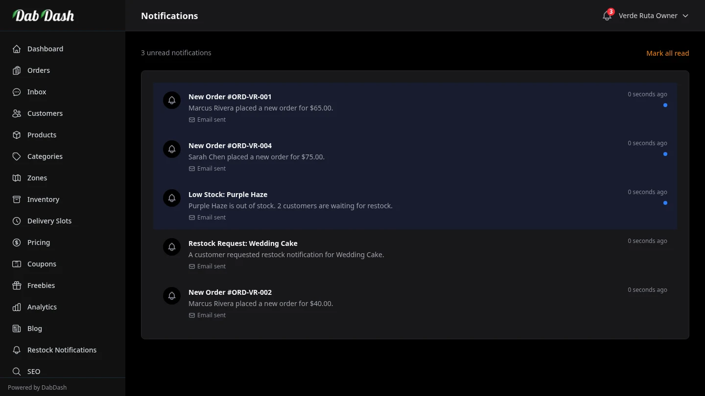 DabDash vendor notification feed showing new order alerts with timestamps and mark-all-as-read action