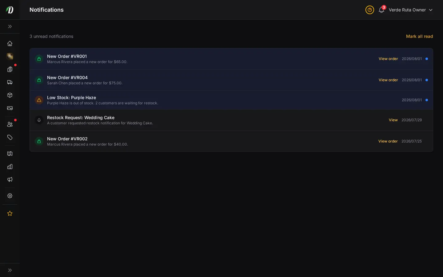 DabDash notification feed showing unread order alerts, stock alerts, and timestamps