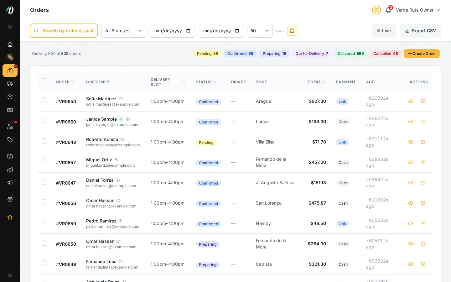 DabDash order table showing live orders with customer names, status badges, totals, and delivery windows